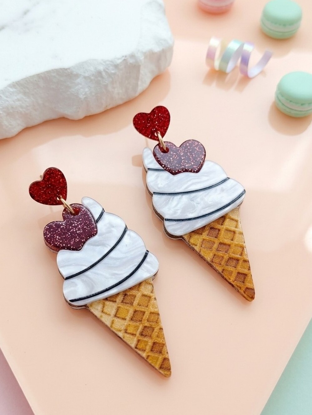 Ice Cream Cone Dangle Earrings Red Glitter Heart Acrylic Kawaii Summer Y2K 2.4in - Picture 11 of 16